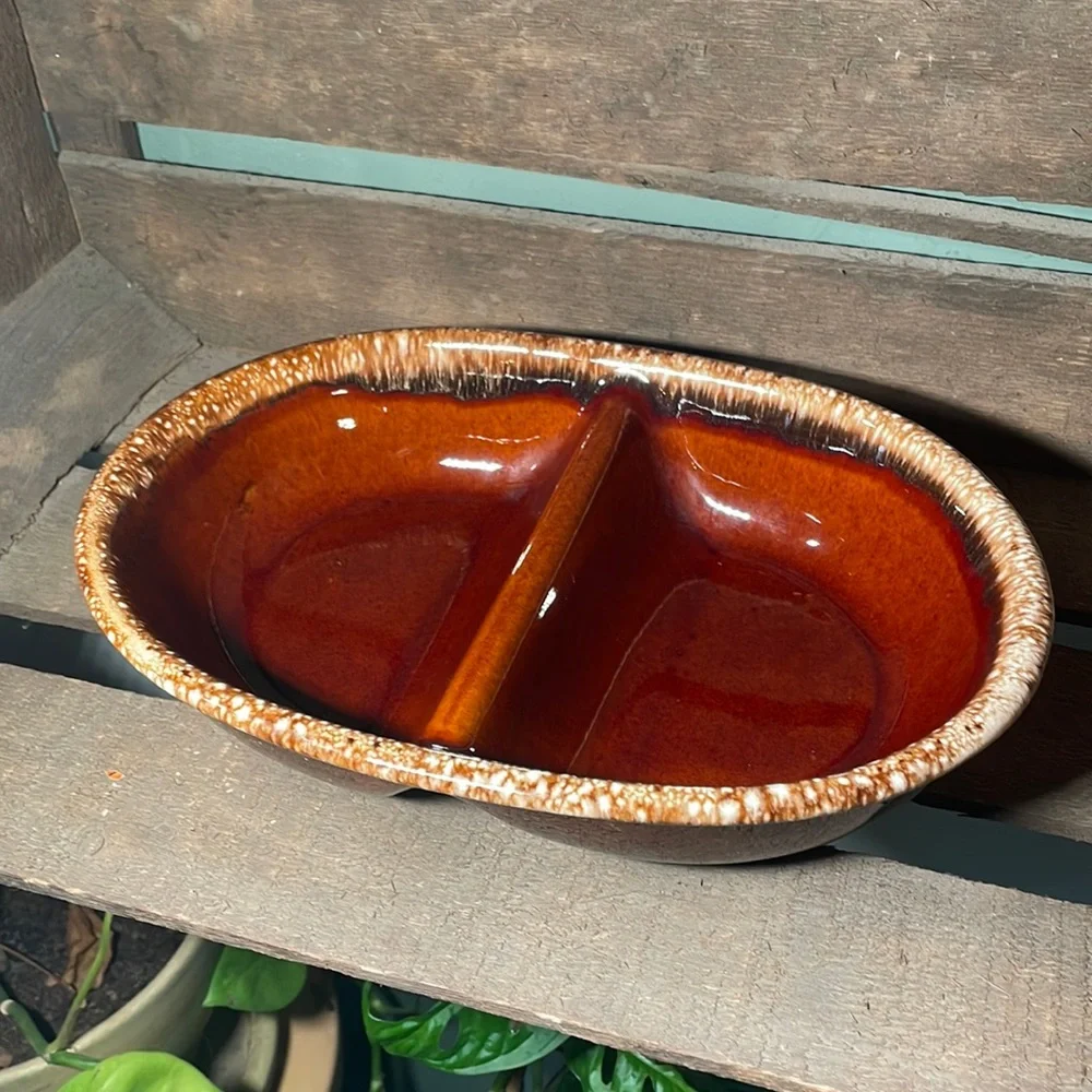 Vintage Hull Pottery Brown Drip Glaze Oven Proof Double Server. MCM